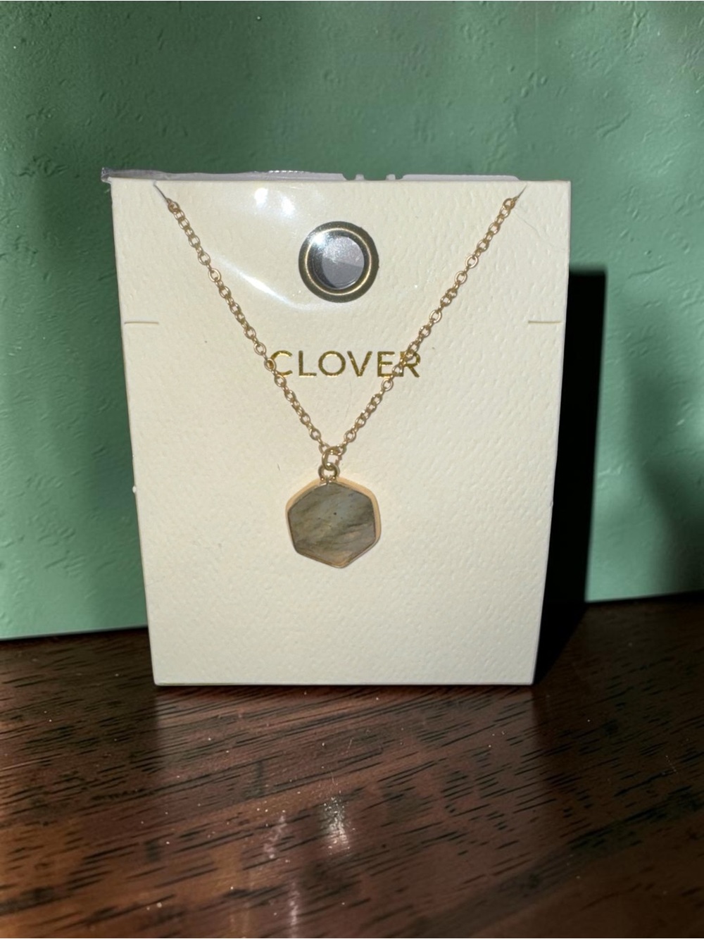NEW Clover Gold Tone Gray Green Hexagon Pendant Necklace Dainty Jewelry